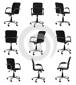 Black leather office chair isolated on white, set