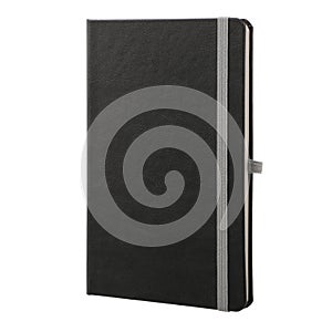 Black Leather Organizer, Daily Notebook with Pen Holder isolated on white background. Stylish daily planner.