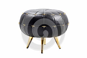 Black Leather Pouf with Gold Metallic Accents Elegant Furniture Piece. Generative AI