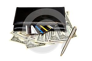 Black leather purse with banknotes and credit cards