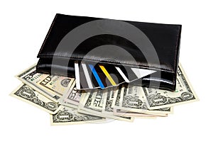 Black leather purse with banknotes and credit cards