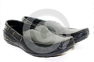 Black leather shose for men isolated on white background with selective focus