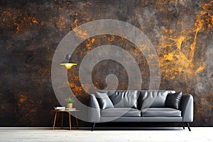 Black leather sofa on grunge wall background. Copy space for text.