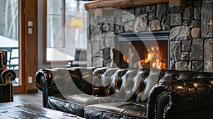 The black leather sofa sits adjacent to the fireplace inviting guests to cozy up and enjoy the crackling fire. 2d flat