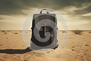 Black leather travel bag with cross on the sand in desert. Missionary work