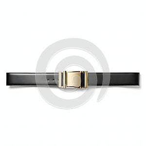 Black leather trouser belt with gold plaque. Top view