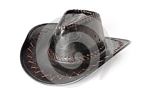 Black, leather, vintage cowboy hat on a white background