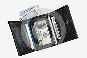 Black leather wallet with banknotes