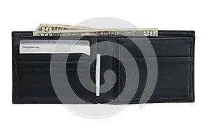 Black leather wallet with cards and cash