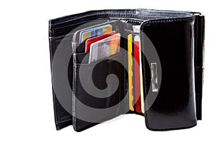 Black leather wallet with credit cards isolated