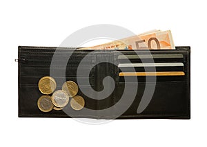 Black leather wallet with Euro notes and coins