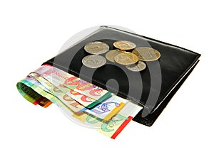 Black leather wallet with Israeli shekel