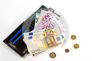 Black leather wallet and money euro