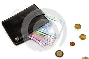 Black leather wallet and money euro