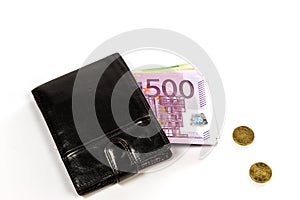 Black leather wallet and money euro
