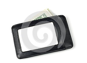 Black leather wallet with stack of dollars inside