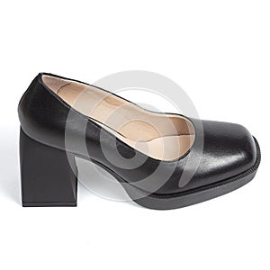 Black Leather Women's Office Comfortable Shoes with Brown Insole on Thick Square Heel on White Background with Blunt