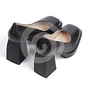 Black Leather Women's Office Comfortable Shoes with Brown Insole on Thick Square Heel on White Background with Blunt