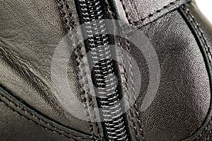 Black leather womens boots fastened with a zipper. Background for shoes