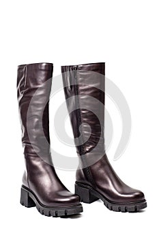 Black leather womenâ€™s boots fastened with a zipper. Background for shoes
