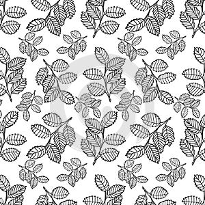 Black leaves and branches seamless pattern over white background