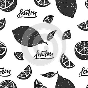 Black lemon seamless pattern with lettering on white background. Vector illustration.