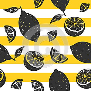 Black lemon seamless pattern on yellow and white stripes. Vector illustration.