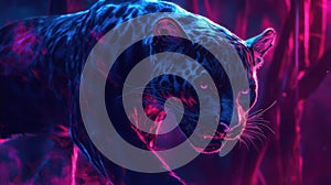 a black leopard with red eyes walking through a forest