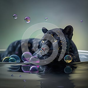 a black leopard is swimming in a pool of water with bubbles around it and a black cat is looking at the camera with a surprised