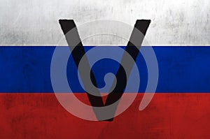Black letter V on the background of the national flag of Russia