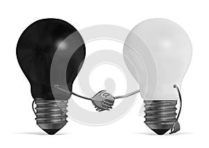 Black light bulb and white one handshaking isolated