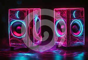 black light neon wave sound Two speakers speaker audio music noise stereo technology tweeter loud bass volume closeup close up box
