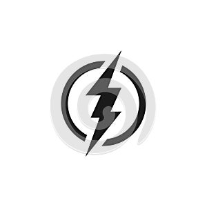 Black lightning bolt in circle simple flat icon. storm or thunder and lightning strike sign isolated on white. High