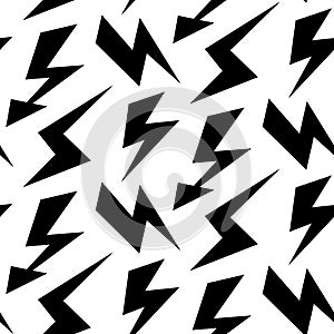 Black lightning bolts seamless pattern. Thunderbolts repeating background. Storm and lightning strikes ornament