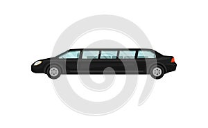 Black limousine. Airport limo service. Large, luxurious automobile. Luxury vehicle. Transportation theme. Flat vector