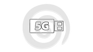 Black line 5G modem for fast mobile Internet icon isolated on white background. Global network high speed connection