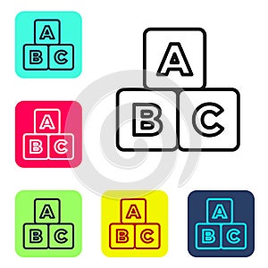 Black line ABC blocks icon isolated on white background. Alphabet cubes with letters A,B,C. Set icons in color square