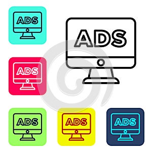 Black line Advertising icon isolated on white background. Concept of marketing and promotion process. Responsive ads. Social media