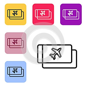 Black line Airline ticket icon isolated on white background. Plane ticket. Set icons in color square buttons. Vector