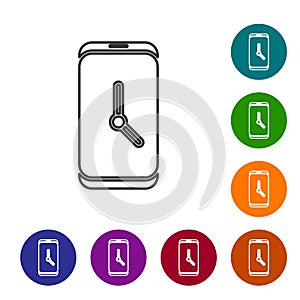 Black line Alarm clock app smartphone interface icon isolated on white background. Set icons in color circle buttons