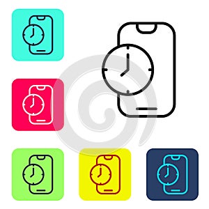 Black line Alarm clock app smartphone interface icon isolated on white background. Set icons in color square buttons