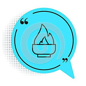 Black line Alcohol or spirit burner icon isolated on white background. Chemical equipment. Blue speech bubble symbol