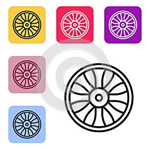 Black line Alloy wheel for car icon isolated on white background. Set icons in color square buttons. Vector