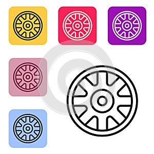 Black line Alloy wheel for car icon isolated on white background. Set icons in color square buttons. Vector