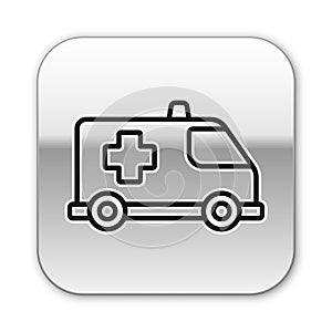 Black line Ambulance and emergency car icon isolated on white background. Ambulance vehicle medical evacuation. Silver