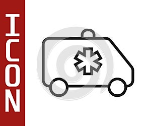 Black line Ambulance and emergency car icon isolated on white background. Ambulance vehicle medical evacuation. Vector