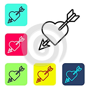 Black line Amour symbol with heart and arrow icon isolated on white background. Love sign. Valentines symbol. Set icons
