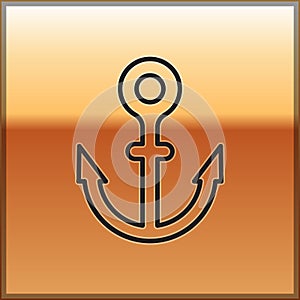 Black line Anchor icon isolated on gold background. Vector