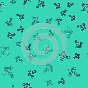 Black line Anchor icon isolated seamless pattern on green background. Vector