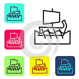 Black line Ancient Greek trireme icon isolated on white background. Set icons in color square buttons. Vector